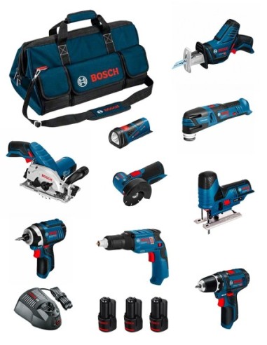 BOSCH Kit BMKB9-28AD3 (GSR12V-15+GTB12V-11+GDR12V-105+GWS12V-76+GST12V-70+GKS12V-26+GOP12V-28+GSA12V-14+GLI12V-80+3x2,0Ah)