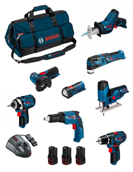 BOSCH Kit BMKB8-28AD3 (GSR12V-15+GTB12V-11+GDR12V-105+GWS12V-76+GST12V-70+GOP12V-28+GSA12V-14+GLI12V-80+3x2,0Ah+GAL1230CV+HDBAG)